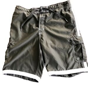 Joe Boxer Mens‎ L Green w/ White Stripe Swimming Trunks Lined with Cargo Pockets